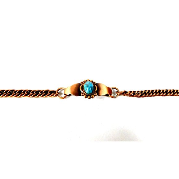 Copper Color Womens Bracelet Curved Center Faux Turquoise Bead 7 - 7 1/8 Inches - Picture 4 of 9